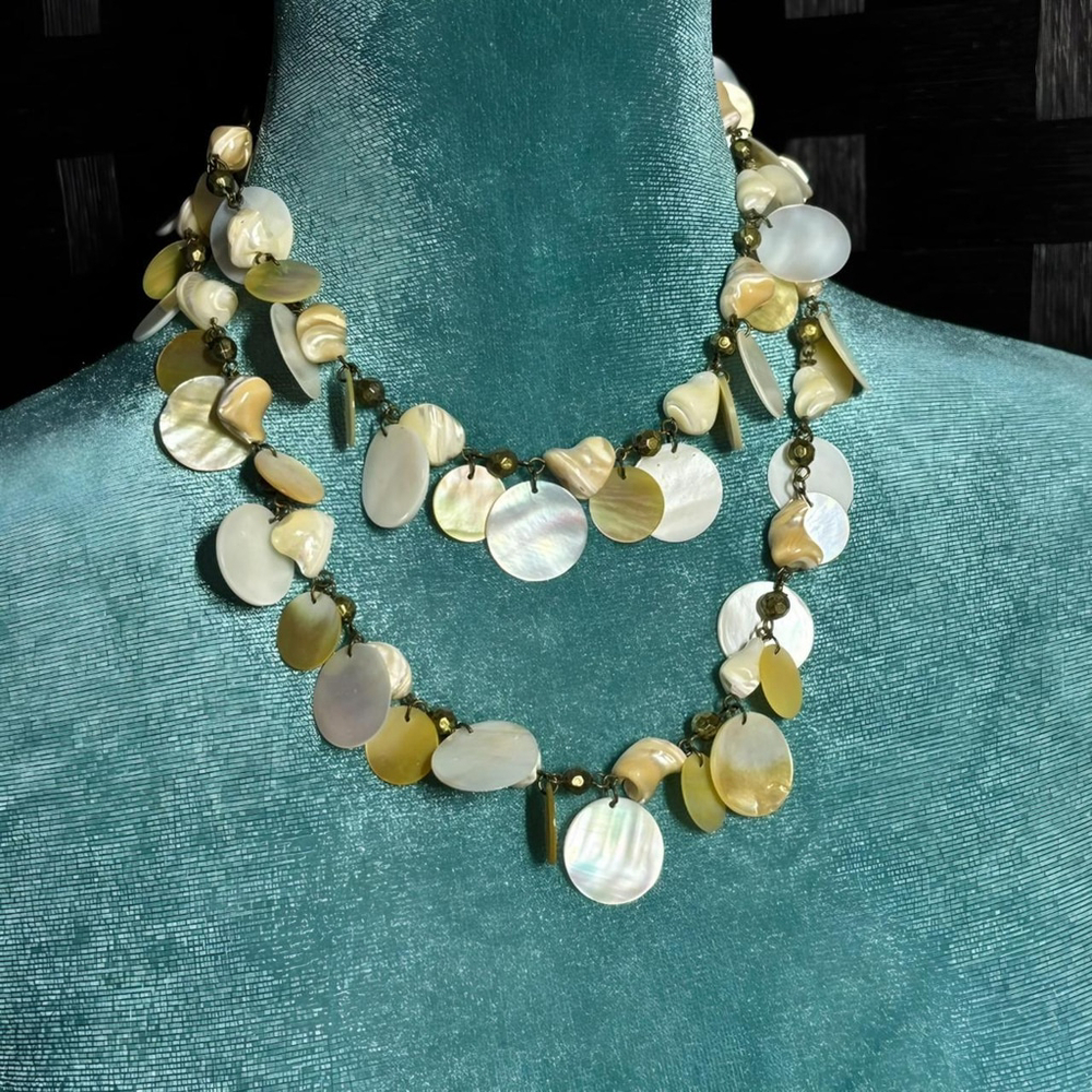 Vintage Mother of Pearl Shell and Brass Bead Strand Necklace, 17”